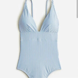 New J Crew Plunge One Piece Swimsuit Seersucker Blue White Stripe